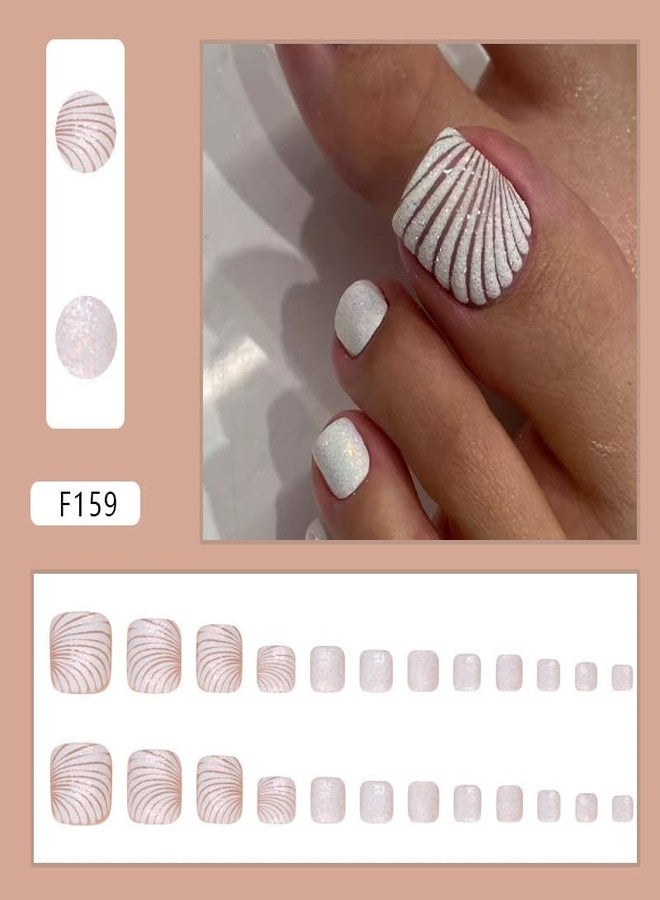 TOGZOM White Press on Toe Nails Short Square Fake Toenails Beach Sea Shell False Nails Summer Acrylic Toenails Shiny Glitter Line Artificial Toe Nails for Women Girls Manicure Nails Decoration 24Pcs - Image 4